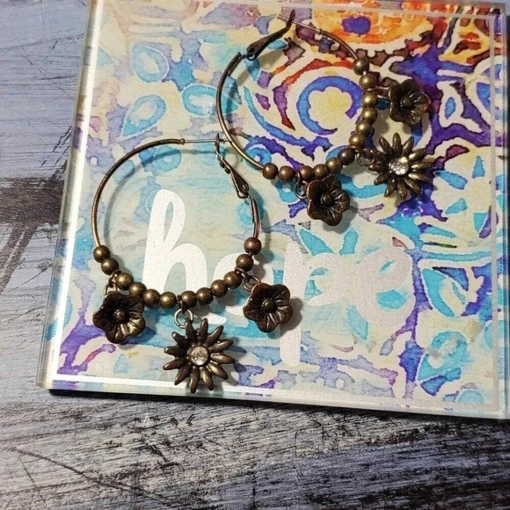 Lucky Brand‎ Antique Bronze Floral Beaded Earrings Rhinestone Sunflower Charms
